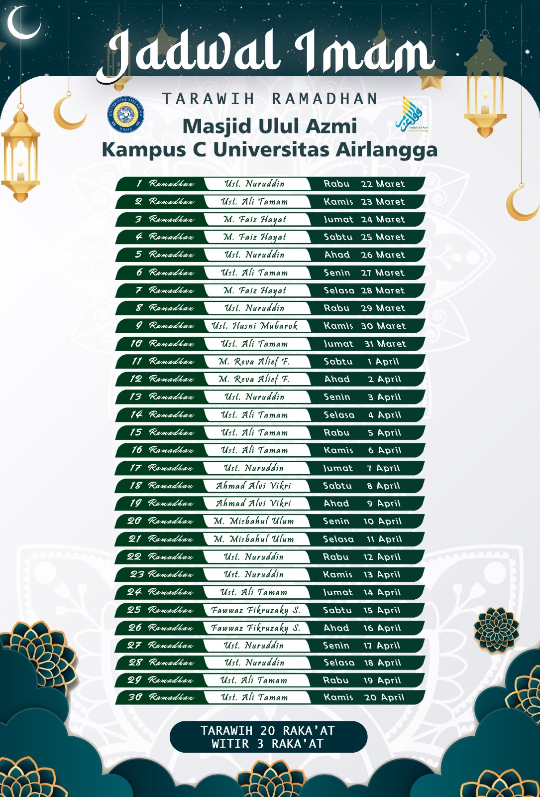 Jadwal Imam Tarawih Masjid Ulul Azmi Unair